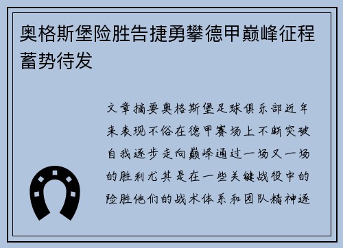 奥格斯堡险胜告捷勇攀德甲巅峰征程蓄势待发