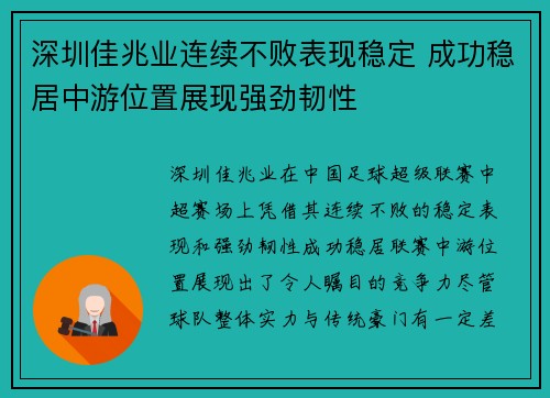 深圳佳兆业连续不败表现稳定 成功稳居中游位置展现强劲韧性