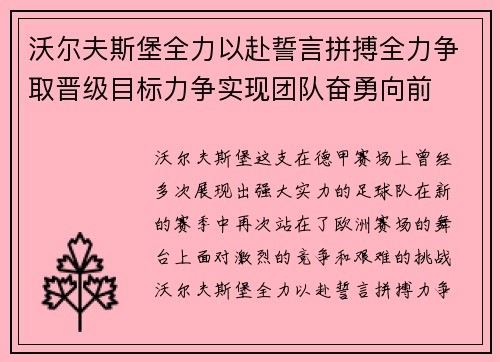 沃尔夫斯堡全力以赴誓言拼搏全力争取晋级目标力争实现团队奋勇向前