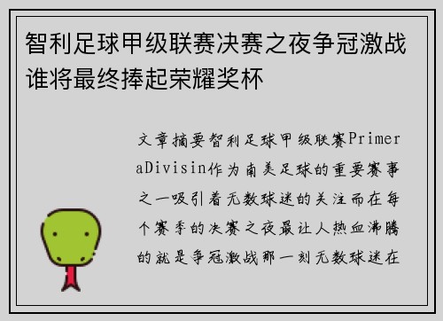 智利足球甲级联赛决赛之夜争冠激战谁将最终捧起荣耀奖杯