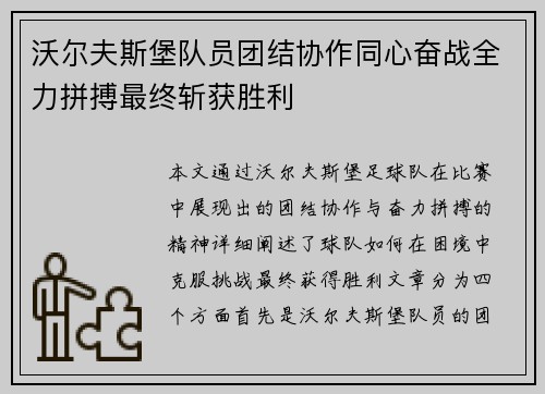 沃尔夫斯堡队员团结协作同心奋战全力拼搏最终斩获胜利