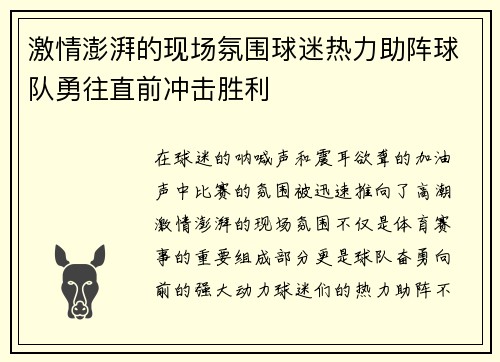 激情澎湃的现场氛围球迷热力助阵球队勇往直前冲击胜利