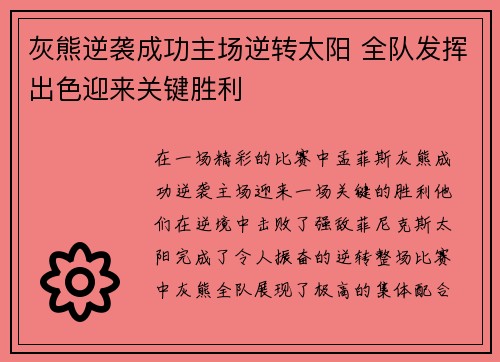 灰熊逆袭成功主场逆转太阳 全队发挥出色迎来关键胜利