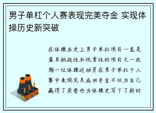 男子单杠个人赛表现完美夺金 实现体操历史新突破